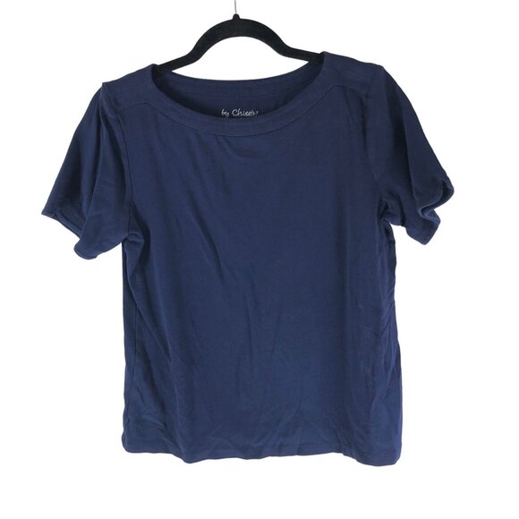 by Chicos Short Sleeve Navy T-Shirt 100% Cotton Boatneck Size 1 (US Size M) - Picture 1 of 3